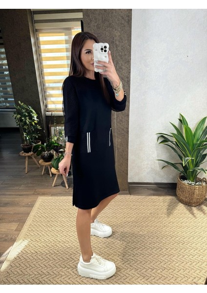 Kadın Viskon Pamuklu Kumaş Kol File , Şerit ve Cep Detaylı Elbise