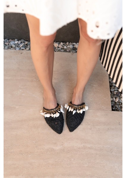 Tyler Kadin Siyah Denızkabuklu Hasir Terlik