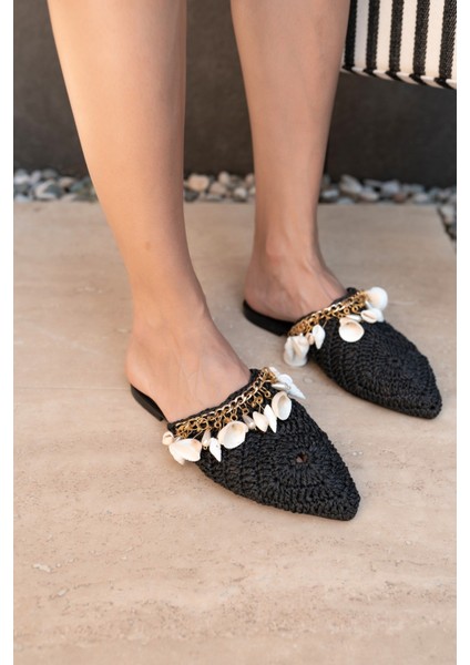 Tyler Kadin Siyah Denızkabuklu Hasir Terlik