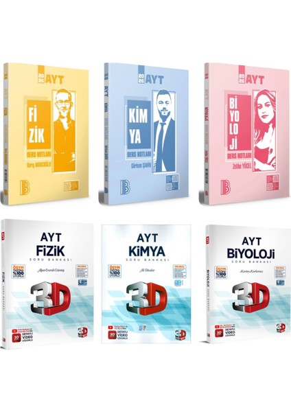 AYT Fizik - Kimya - Biyoloji Ders Notları Seti 2026 ve 3D AYT Fizik - Kimya - Biyoloji Soru Bankası Seti