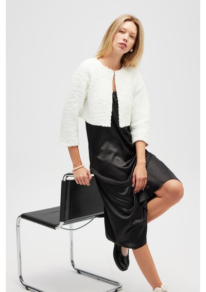 Kayla, Düz Örgü, Kadın Kısa Triko Hırka - Ekru