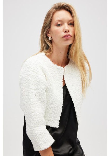 Kayla, Düz Örgü, Kadın Kısa Triko Hırka - Ekru