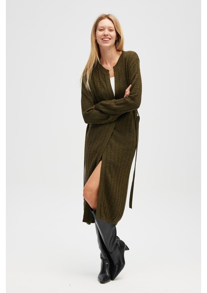 Zeyna Mini Kabartma Örgülü Uzun Triko Hırka - Koyu Yeşil Melanj