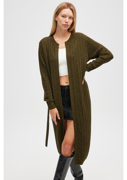 Zeyna Mini Kabartma Örgülü Uzun Triko Hırka - Koyu Yeşil Melanj fiyatları