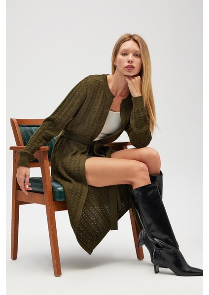 Zeyna Mini Kabartma Örgülü Uzun Triko Hırka - Koyu Yeşil Melanj modelleri