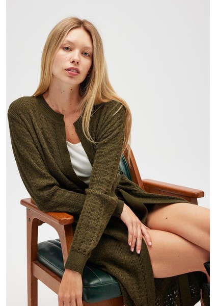 Zeyna Mini Kabartma Örgülü Uzun Triko Hırka - Koyu Yeşil Melanj fırsatları