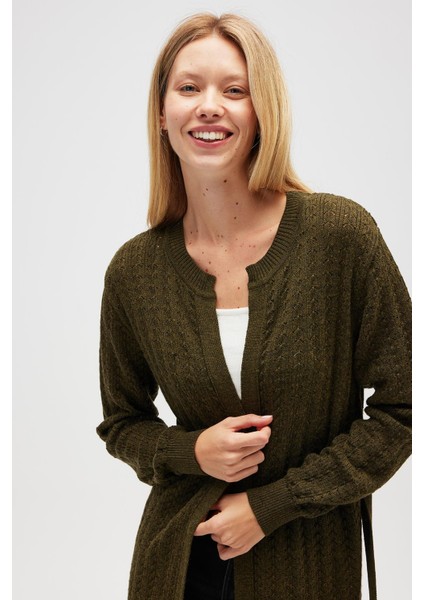 Zeyna Mini Kabartma Örgülü Uzun Triko Hırka - Koyu Yeşil Melanj indirimleri