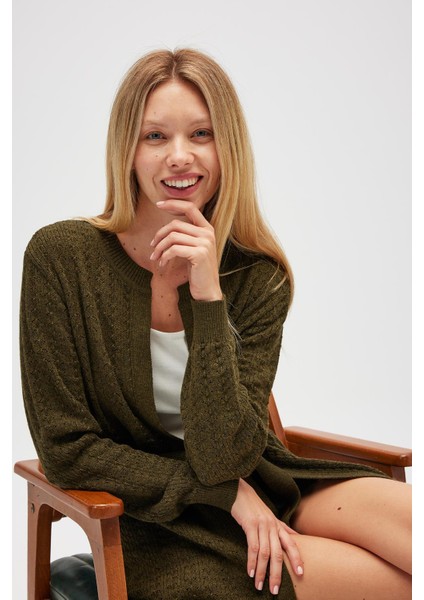 Zeyna Mini Kabartma Örgülü Uzun Triko Hırka - Koyu Yeşil Melanj