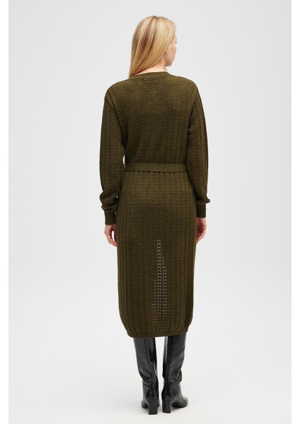 Zeyna Mini Kabartma Örgülü Uzun Triko Hırka - Koyu Yeşil Melanj