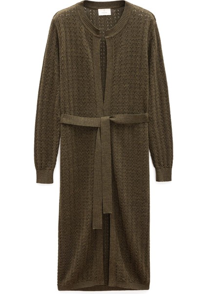 Zeyna Mini Kabartma Örgülü Uzun Triko Hırka - Koyu Yeşil Melanj