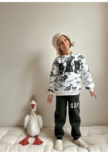 Dinozor Desenli Çocuk Sweatshirt ve Eşofman Altı Takımı – Siyah Beyaz 4006