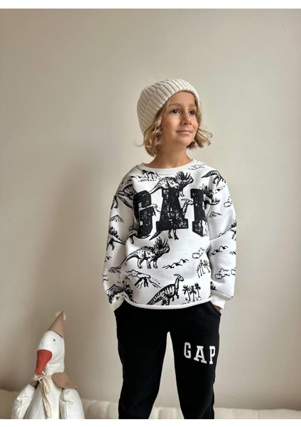 Dinozor Desenli Çocuk Sweatshirt ve Eşofman Altı Takımı – Siyah Beyaz 4006 fırsatları