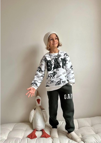 Dinozor Desenli Çocuk Sweatshirt ve Eşofman Altı Takımı – Siyah Beyaz 4006 indirimleri