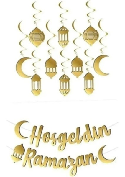 Ramazan Süslemeleri 2'li - Hoşgeldin Ramazan Kaligrafi ve 10 Lu Tavan Süs