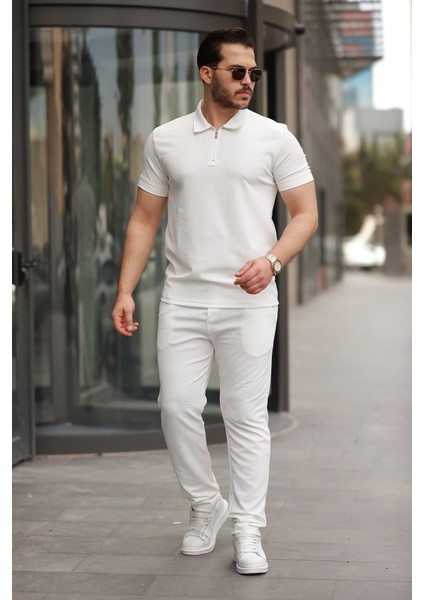 Erkek Yakalı Fermuarlı T-Shirt Pantolon Ikili Rahat Takım