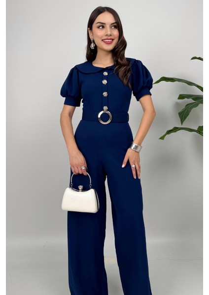 Firenze Kadın Düğmeli Kemer Detaylı Bol Paça Lacivert Tulum – Zarif Akşam Şıklığı