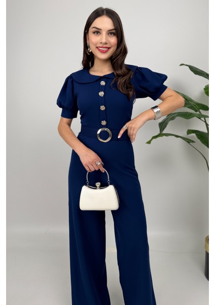 Firenze Kadın Düğmeli Kemer Detaylı Bol Paça Lacivert Tulum – Zarif Akşam Şıklığı fiyatları