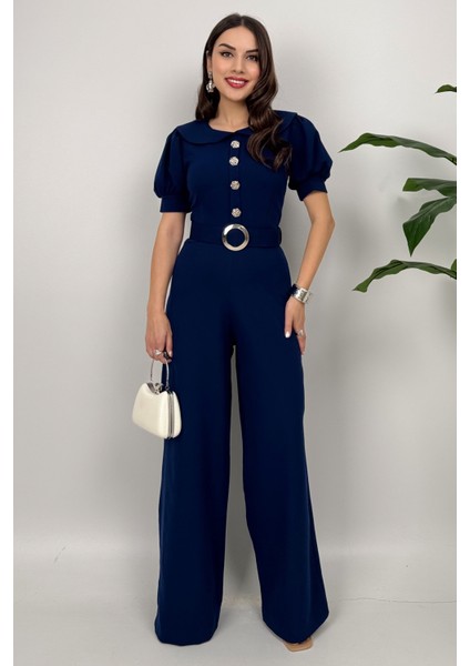 Firenze Kadın Düğmeli Kemer Detaylı Bol Paça Lacivert Tulum – Zarif Akşam Şıklığı modelleri