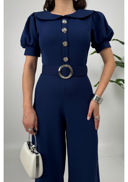 Firenze Kadın Düğmeli Kemer Detaylı Bol Paça Lacivert Tulum – Zarif Akşam Şıklığı fırsatları