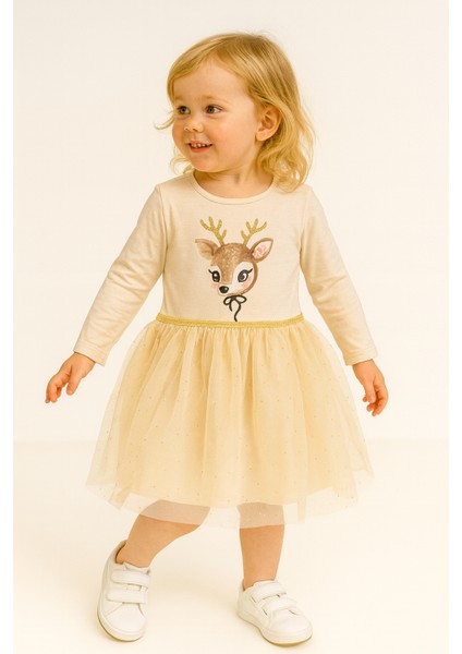 Kız Çocuk Tütü Uzun Kol Pullu Elbise Krem