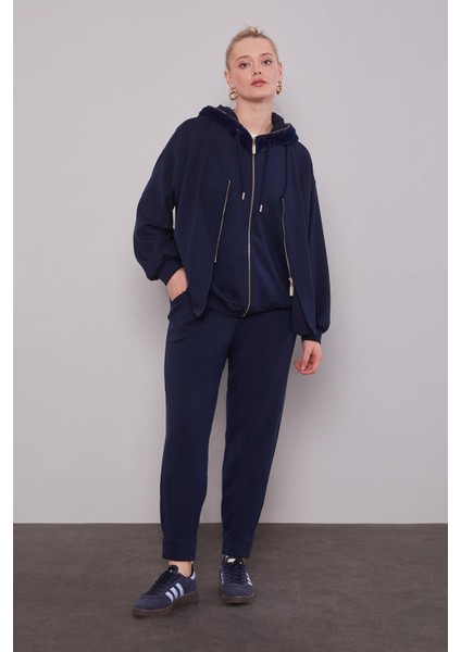 Lacivert Peluş Şapkalı Ikili Takım