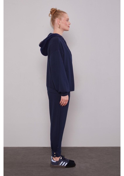 Lacivert Peluş Şapkalı Ikili Takım modelleri