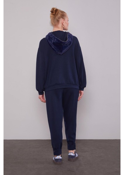 Lacivert Peluş Şapkalı Ikili Takım