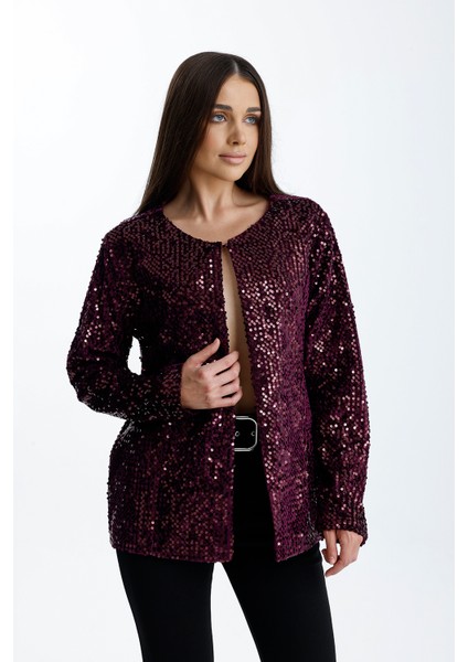 Astarlı Mevsimlik Kadife Üstüne Payet Işleme Abiye Ceket | CKT34356 Bordo