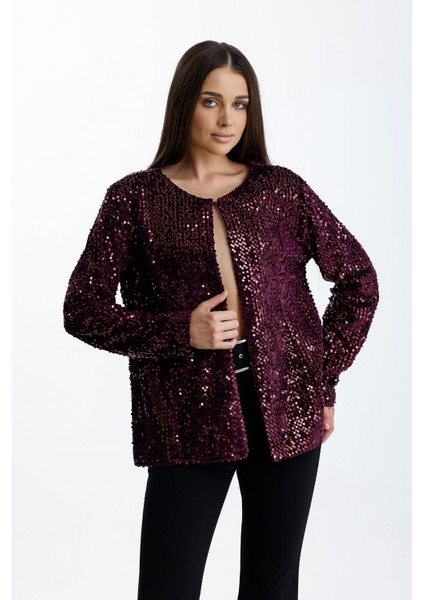 Astarlı Mevsimlik Kadife Üstüne Payet Işleme Abiye Ceket | CKT34356 Bordo