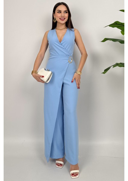 Crimson Icon Kadın Kemer Detaylı Askılı Bol Paça Mavi Günlük Rahat Tulum