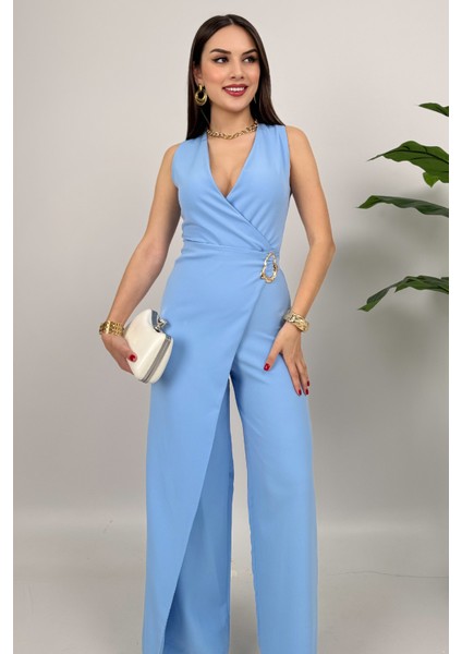 Crimson Icon Kadın Kemer Detaylı Askılı Bol Paça Mavi Günlük Rahat Tulum fiyatları