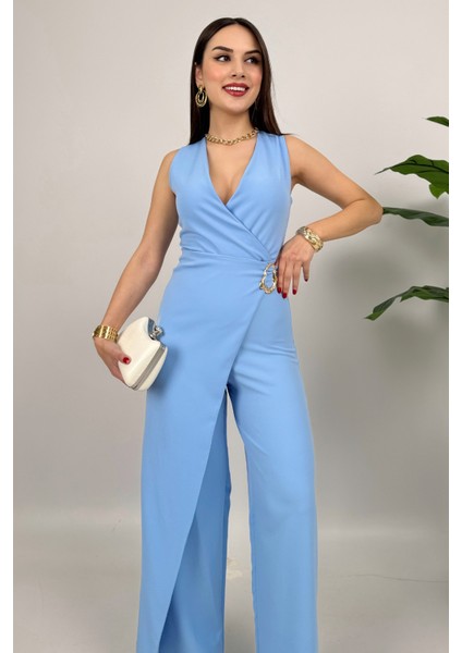 Crimson Icon Kadın Kemer Detaylı Askılı Bol Paça Mavi Günlük Rahat Tulum modelleri