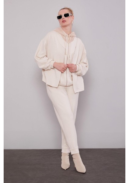 Krem Peluş Şapkalı Ikili Takım