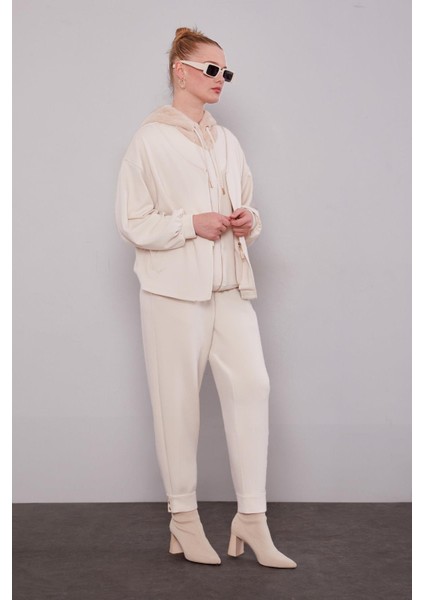 Krem Peluş Şapkalı Ikili Takım fiyatları