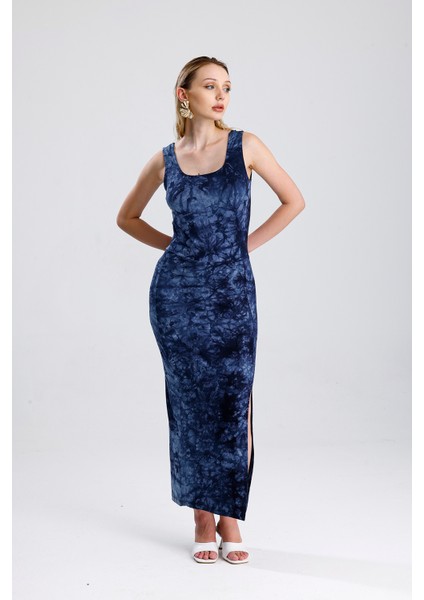 Kolsuz Kare Yaka Yırmaçlı Örme Viskon Elbise | ELB36253 Laci Batik