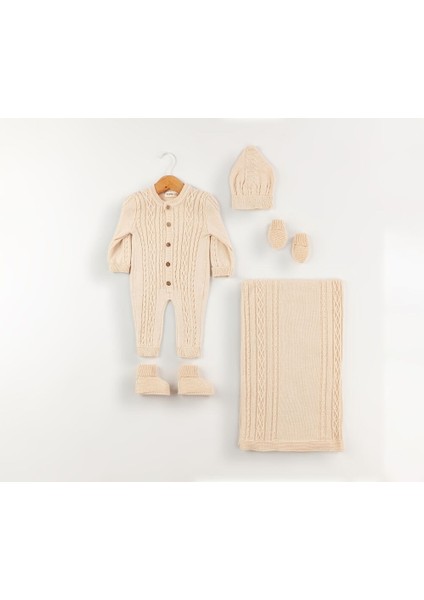 3043 Erkek Bebek Natural Örgü Detaylı 5'li Triko Erkek Takım