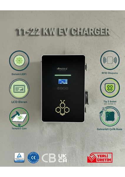 WALLBEE 22 KW/32A TİP 2 - AC Elektrikli Araç Şarj İstasyonu (Soketli)- Sertifikalı