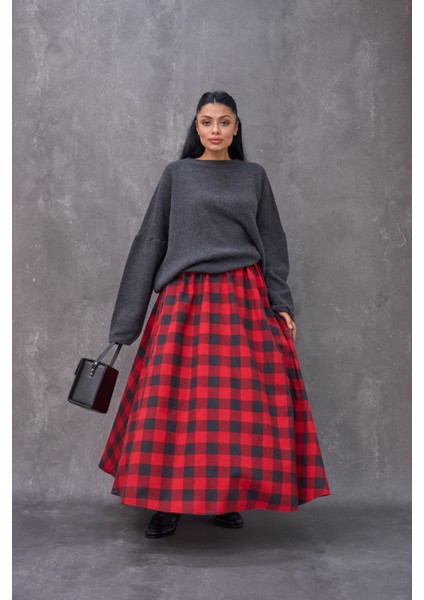 Kırmızı Dama Desenli Pazen Balon Etek