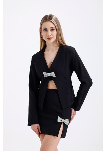 Taşlı Fiyok Detaylı Abiye Etek ve Astarlı Ceket Takım | ECKTK36066 Siyah