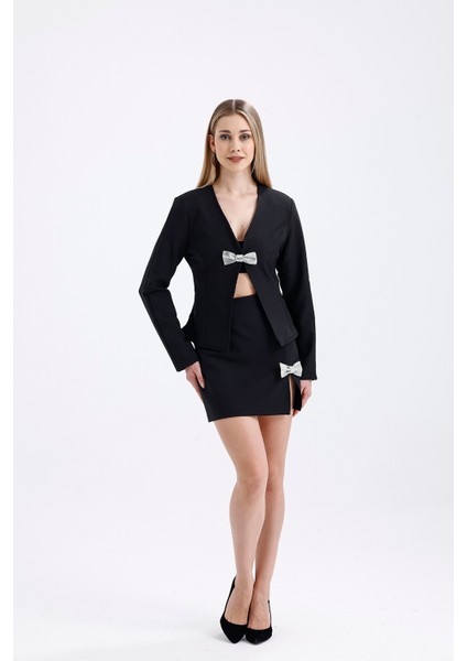 Taşlı Fiyok Detaylı Abiye Etek ve Astarlı Ceket Takım | ECKTK36066 Siyah fiyatları