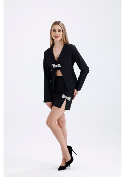 Taşlı Fiyok Detaylı Abiye Etek ve Astarlı Ceket Takım | ECKTK36066 Siyah