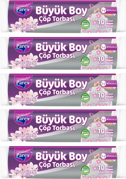 Büzgülü 10'lu Çöp Torbası Kiraz Çiçeği Kokulu Büyük Boy 65 x 70 cm Beşli Paket