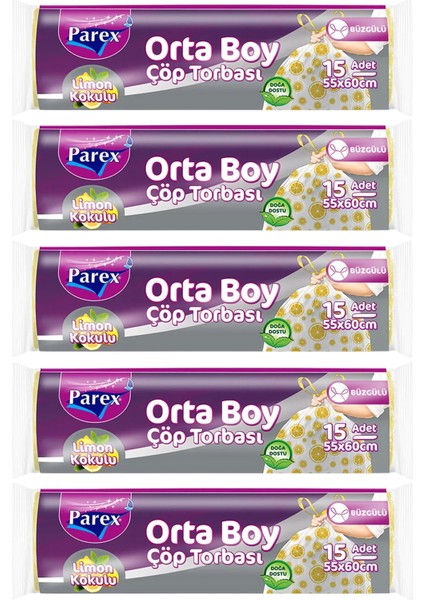 Premium Büzgülü Çöp Torbası Limon Kokulu 15'li Orta Boy 55 x 60 cm Beşli Paket