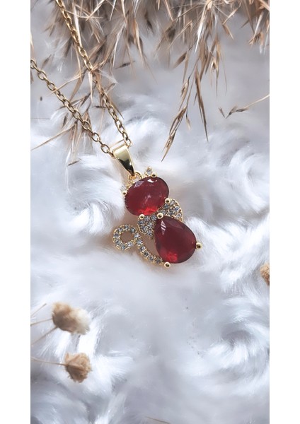 Kırmızı Zirkon Taşlı Kedi Çelik Kolye