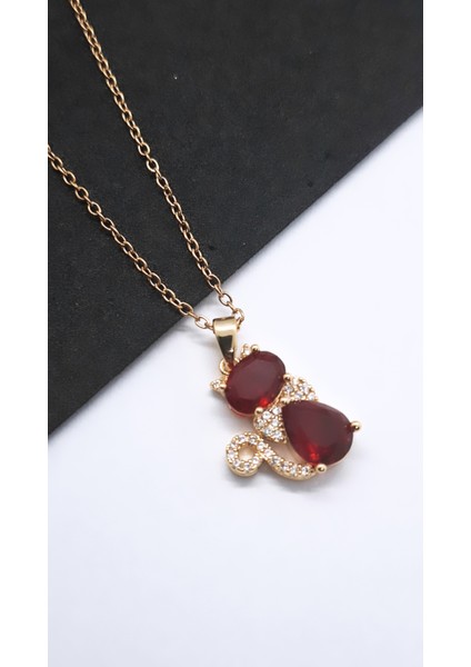 Kırmızı Zirkon Taşlı Kedi Çelik Kolye modelleri