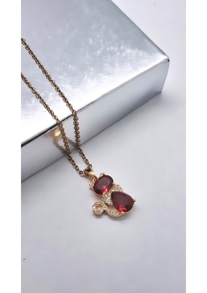 Kırmızı Zirkon Taşlı Kedi Çelik Kolye fırsatları