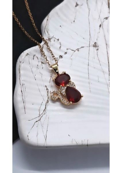 Kırmızı Zirkon Taşlı Kedi Çelik Kolye indirimleri