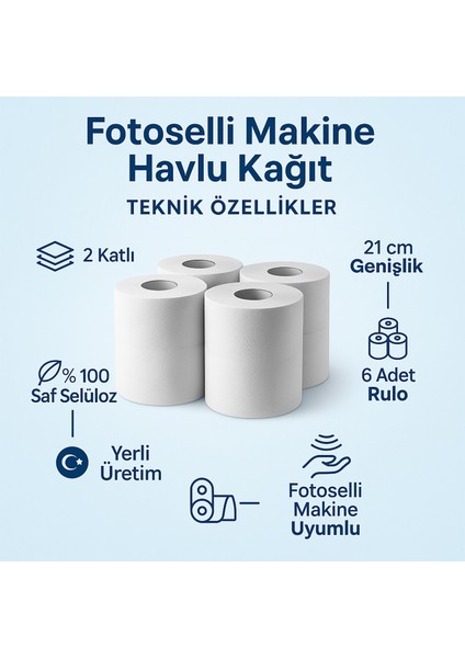Fotoselli Makine Uyumlu Kağıt Havlu 6’lı Rulo 100 Saf Selüloz 2 Katlı 21 cm Genişlik Yüksek Emicilik Dayanıklı ve Hijyenik Kağıt Havlu fiyatları