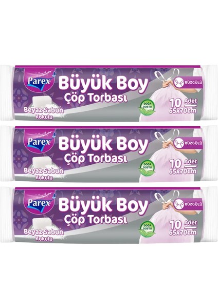 Büzgülü 10'lu Çöp Torbası Beyaz Sabun Kokulu Büyük Boy 65 x 70 cm Üçlü Paket