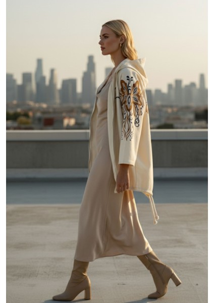 Kadın Krem Kapüşonlu Fermuarlı Etnik Desen Detaylı Oversize Ceket – Çiçek Desenli Şık Kadın Ceket fiyatları